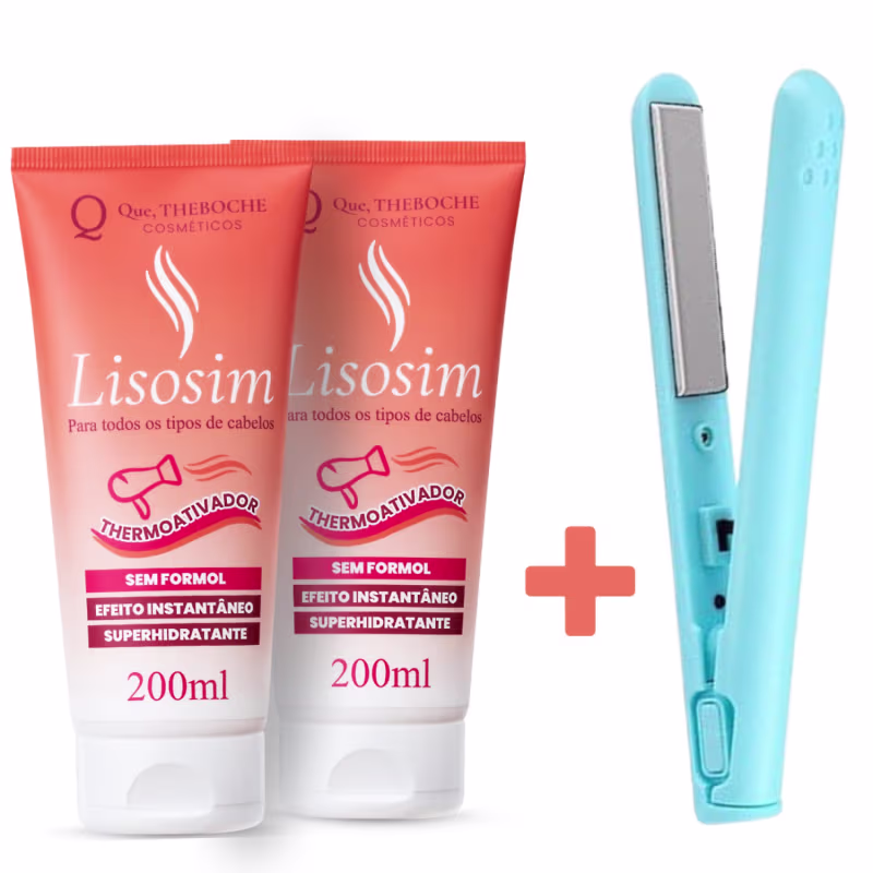 A imagem mostra um kit de tratamento capilar da marca Que, TheBoche Cosméticos. Consiste em dois tubos Lisosim de 200ml cada, com embalagens plásticas de cor laranja. Acompanha também uma prancha alisadora de cabelo na cor azul clara.