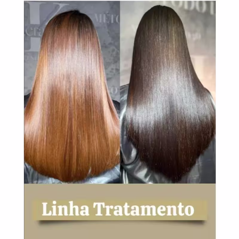 A imagem mostra dois cabelos longos e lisos, um loiro dourado e outro castanho escuro. Ambos parecem ser cabelos tratados, possivelmente com produtos de beleza para cabelos da linha Kerastinni.