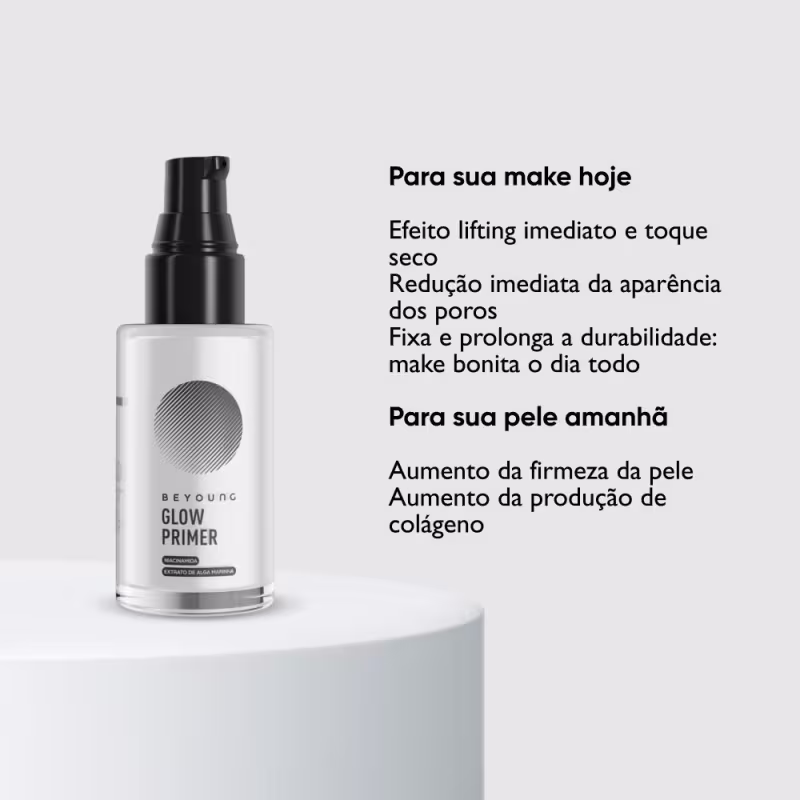 O produto é um primer facial da marca Beyoung, em embalagem preta e branca, com texto descritivo sobre seus benefícios, como efeito lifting imediato, redução de poros e aumento da firmeza da pele.