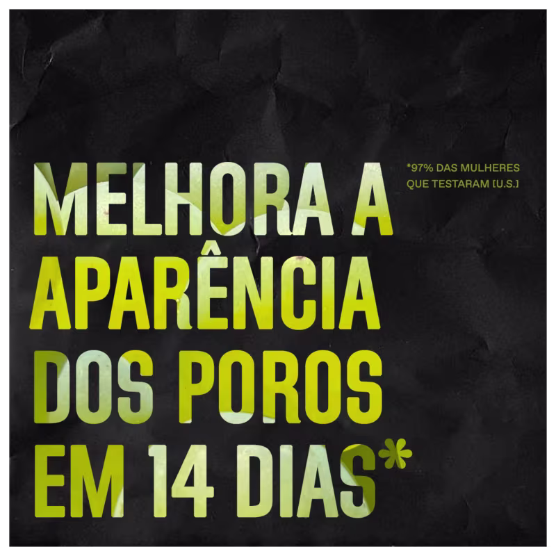 A imagem mostra um texto promocional em letras grandes e amarelo vibrante sobre um fundo preto. O texto destaca que é um produto para pele aveludada desde o primeiro uso.