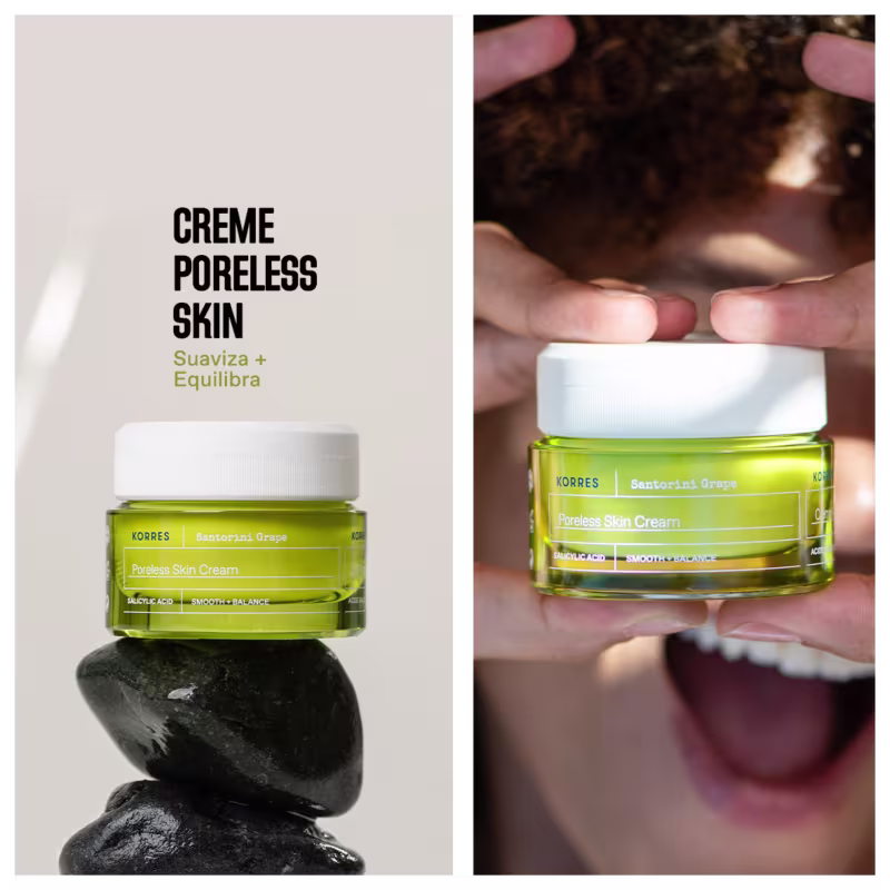 A imagem mostra o frasco do produto sobre uma pedra preta e do lado um close-up de duas mãos segurando o item.