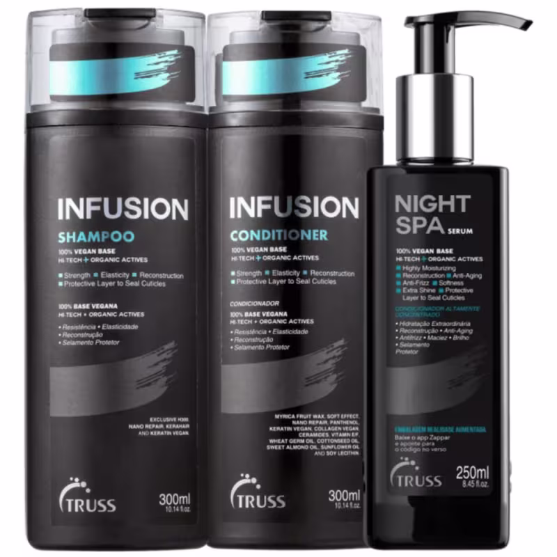 A imagem mostra uma linha de produtos para cabelos volumosos ou frizados da marca Truss, chamada "Infusion". Além disso, o kit acompanha outro produto, sérum de tratamento noturno nigth spa da mesma marca.