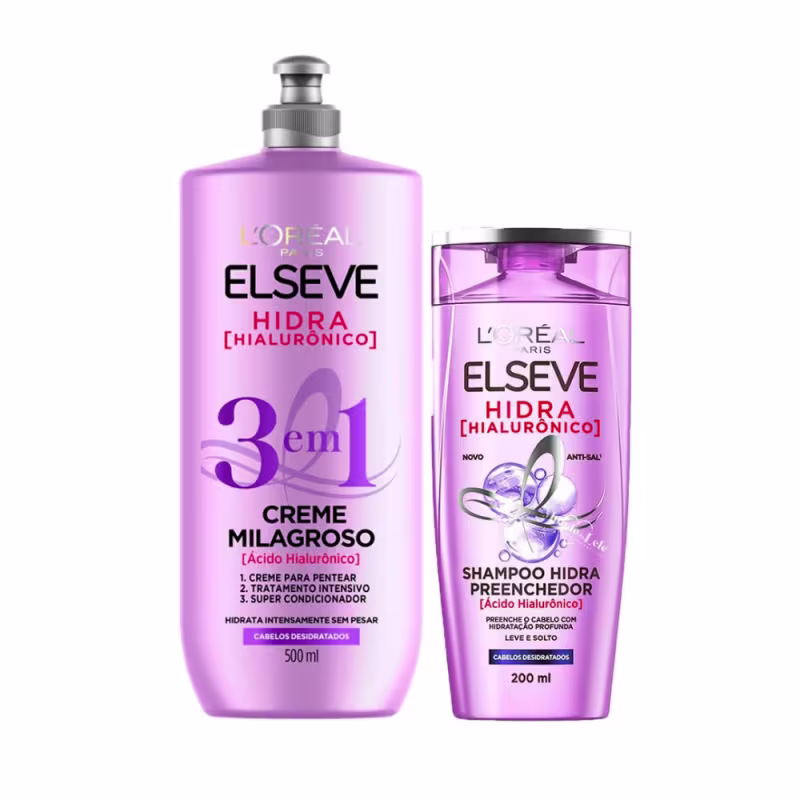 Kit Elseve L’Oréal Paris Hidra Hialurônico Shampoo 200ml + Creme Milagroso 3em 500ml (2 produtos)