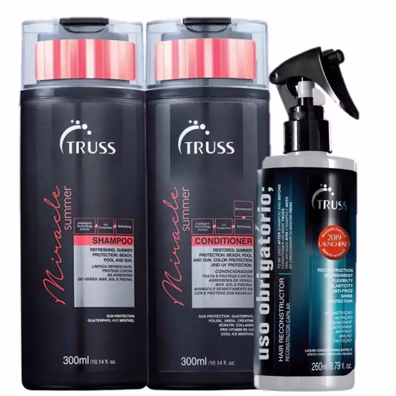 A imagem mostra produtos da marca Truss: shampoo e condicionador Summer para cabelos coloridos e spray Uso Obrigatório. As embalagens modernas são escuras com detalhes em laranja.