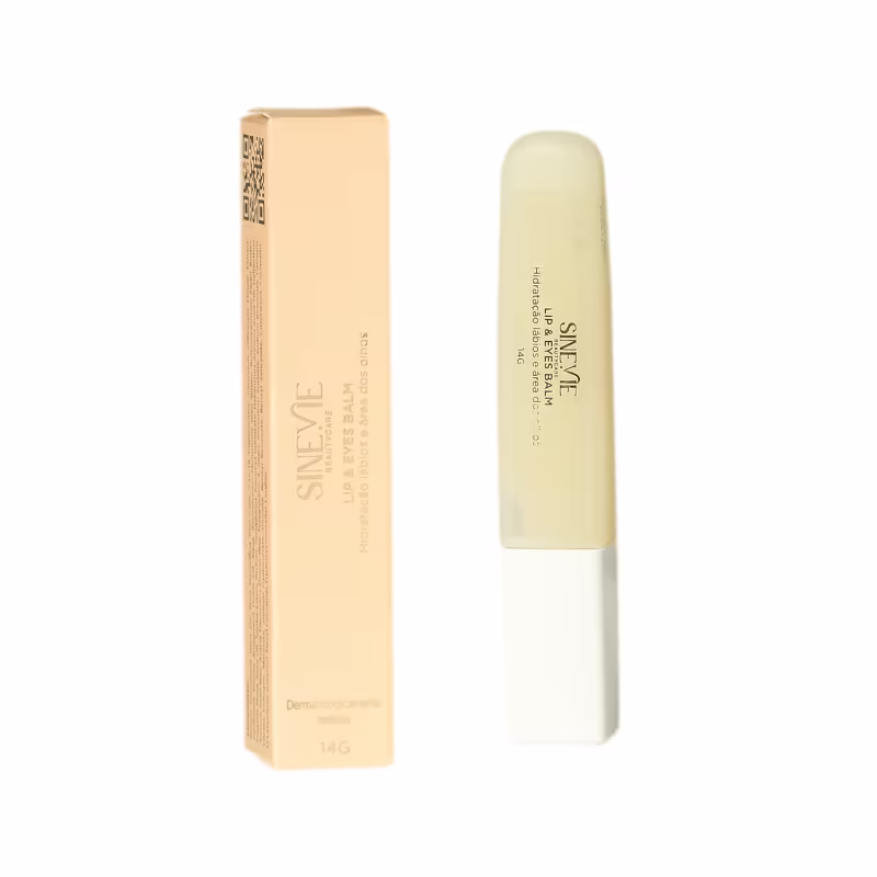 A imagem mostra um balm com embalagem bege e tampa branca, ao lado da caixinha retangular bege.