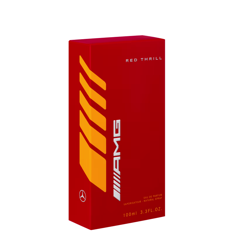 Embalagem de Red Thrill da Mercedes-Benz. Caixa retangular vermelha com detalhes em laranja formando listras diagonais.