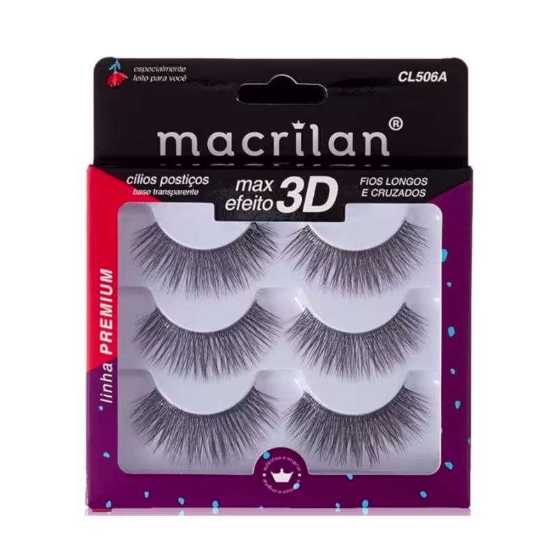 Cílios Postiços Fios Médios/Longos C/3 Pares - Macrilan - CL505A + Curvador de cílios Macrilan