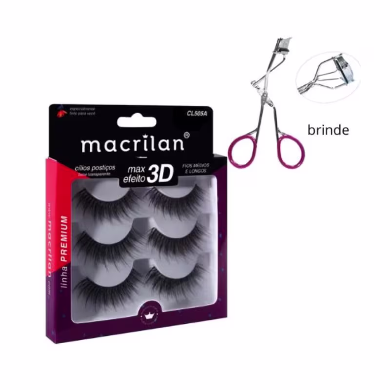 Cílios Postiços Fios Médios/Longos C/3 Pares - Macrilan - CL505A + Curvador de cílios Macrilan