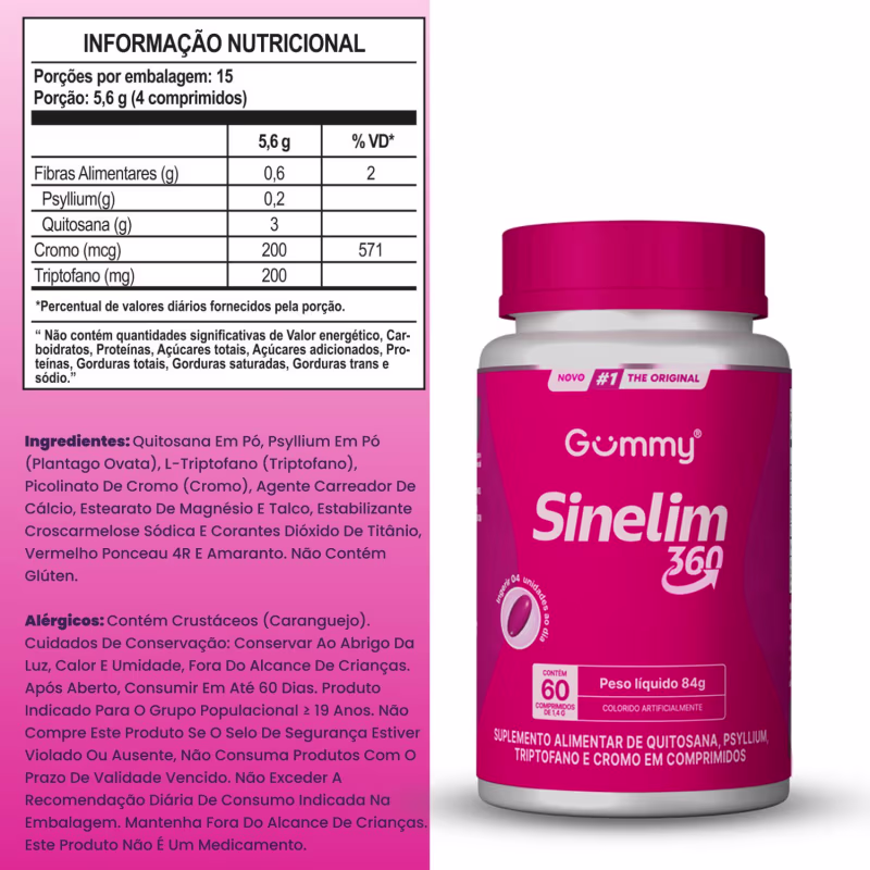 Gummy Sinelim 360 60 Capsulas (Quitosana, Psyllium, Cromo) Emagreca Com Saude Homem E Mulher