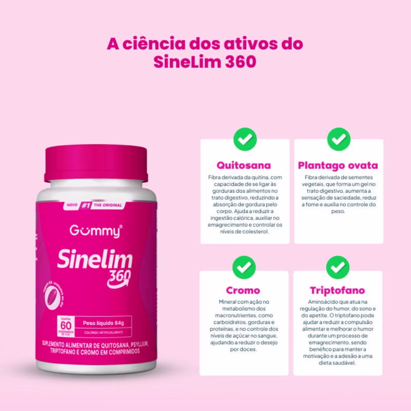 Kit 2 Potes de Gummy Sinelim 360 60 Capsulas (Quitosana, Psyllium, Cromo) Emagrecedor Para Mulher e Homem