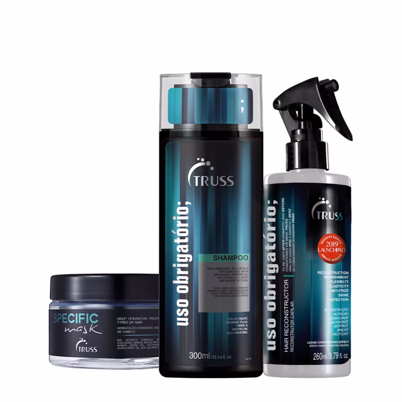 A imagem mostra três produtos para cabelos da marca Truss. O primeiro é uma máscara em pote redondo, depois shampoo 300ml e um reconstrutor capilar em spray.