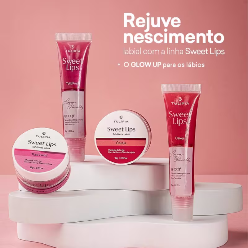 Sweet Lips Esfoliante e Gloss Labial, Tulipia, Cereja, Lábios Macios, Rejuvenescidos e Volumosos 15G