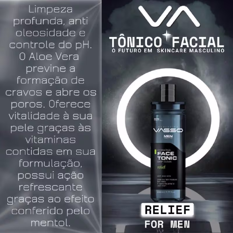 Tônico Facial Relief, Vasso Men, Limpeza da Pele Oleosa, Previne Cravos Refrescante 260ML