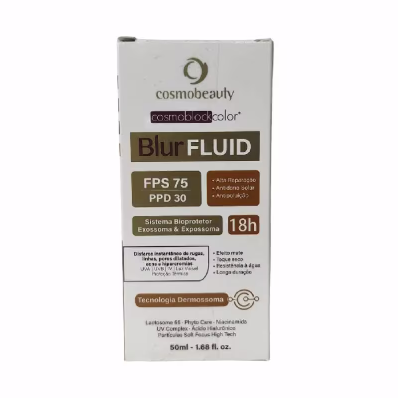 O produto apresentado é um filtro solar da marca Cosmobeauty, chamado Blur Fluid FPS 75. Trata-se de um produto com tecnologia Dermossoma, que protege com FPS 75 e ação antipoluição. O rótulo destaca que o produto é ativo premium e protege por 18 horas.