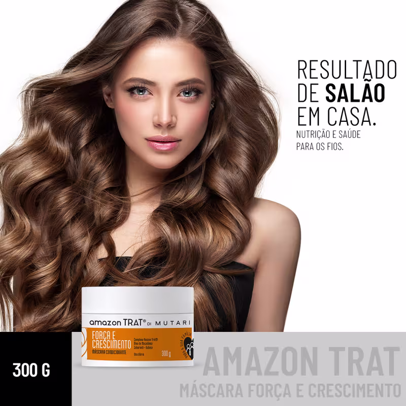 O produto mostrado na imagem é uma máscara da marca Amazon Trat, com o nome "Força e Crescimento". A imagem traz ainda uma mulher com cabelos loiros longos ondulados e a frase Resultado de Salão em Casa