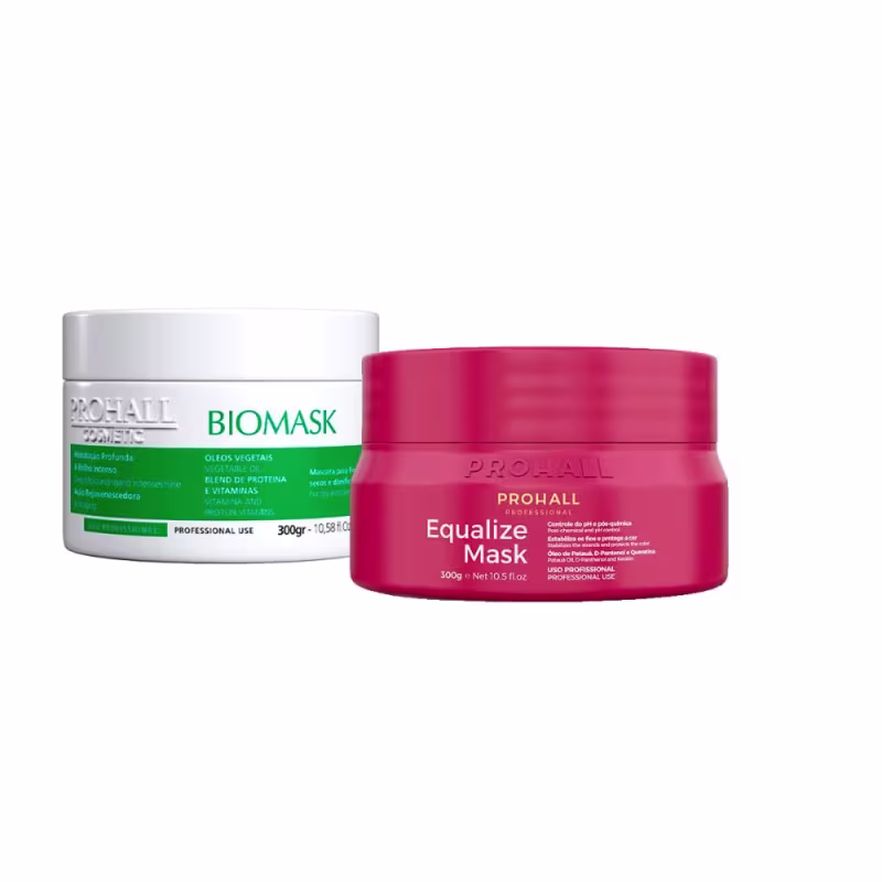 O primeiro item é um pote identificado como "Biomask". O segundo item é um pote rosa com rótulo vermelho, identificado como "Equalize Mask", também um produto de uso profissional da mesma marca. Ambos os produtos são embalagens de 300g.