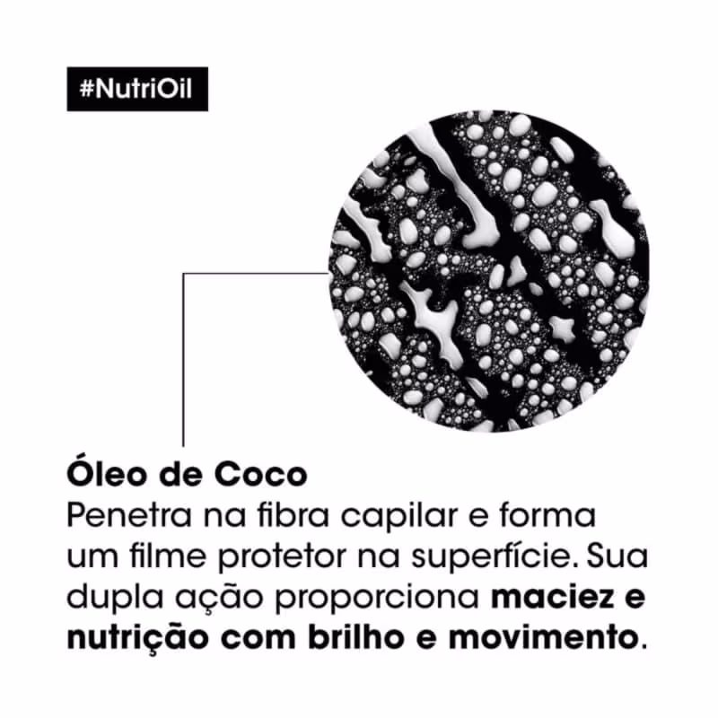 O destaque é uma imagem microscópica em preto e branco que mostra a estrutura molecular do óleo de coco e explica que ele penetra na fibra capilar e forma um filme protetor na superfície, proporcionando maciez e nutrição com brilho e movimento aos fios.