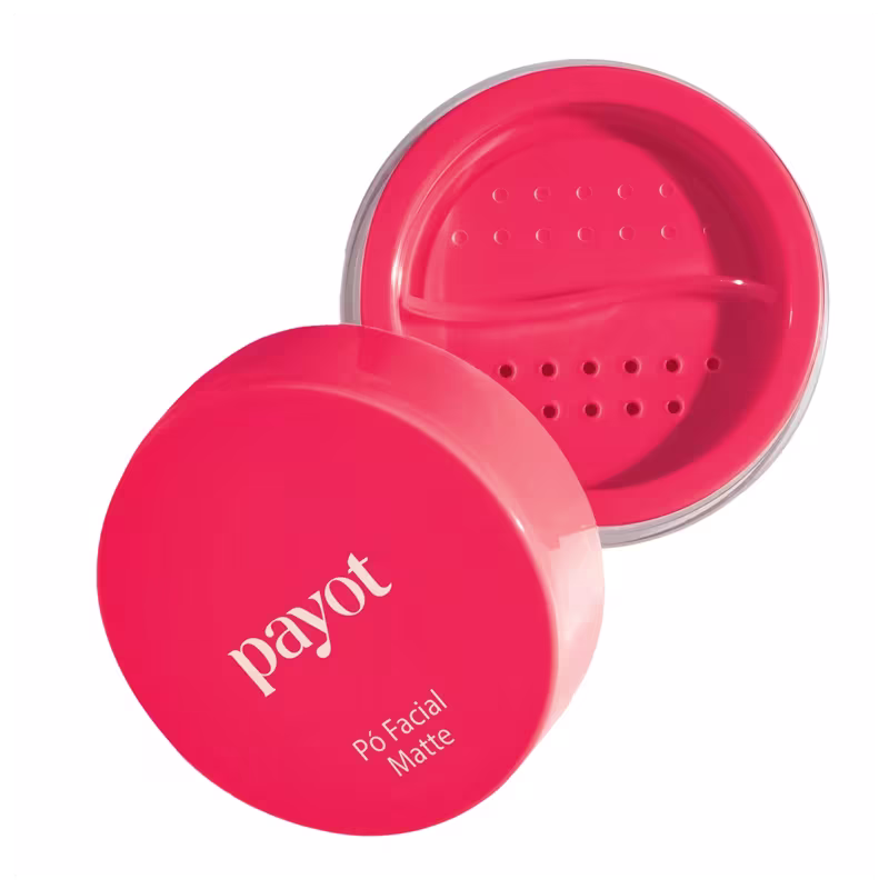 A imagem apresenta embalagem aberta do pó facial matte Payot.