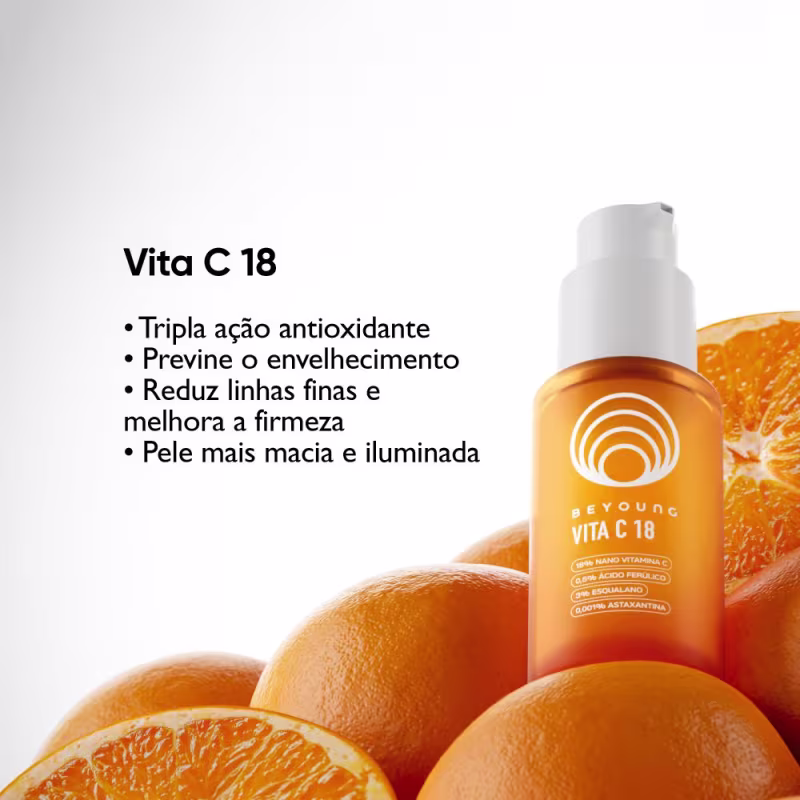 Vita C 18
• Tripla ação antioxidante
• Previne o envelhecimento
• Reduz linhas finas e melhora a firmeza
• Pele mais macia e iluminada