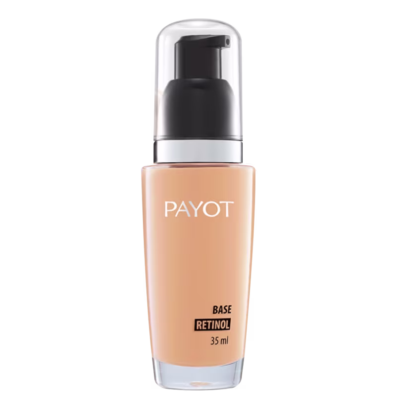 A imagem apresenta frasco de plástico transparente com tampa preta e detalhes prateados. Contém um líquido bege claro. Rótulo na frente indica "BASE RETINOL" e o volume de 35ml.