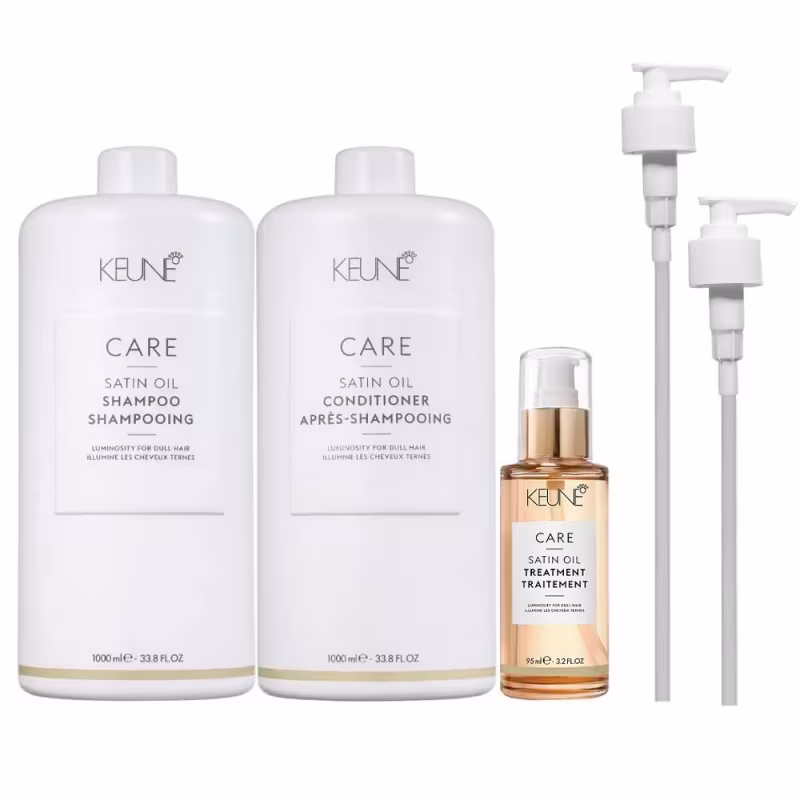 Kit Keune Satin Oil Shampoo 1000ml + Condicionador 1000ml + Óleo 95ml + Válvulas Pump