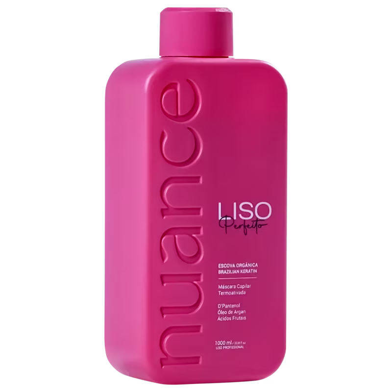 O produto apresentado é um frasco de 1000 ml  de uma escova progressiva da marca Nuance Professional, chamada L.iso Perfeito. O rótulo destaca que o produto contém escova orgânica brasileira de queratina, D-pantenol e óleo de argan.