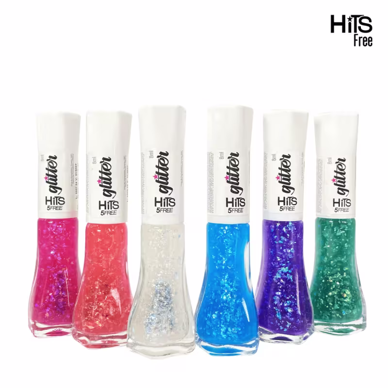Seis frascos de esmalte Hits Free em diferentes cores brilhantes. Os frascos têm formato arredondado com tampa branca e rótulo preto com o nome "Hits Free" impresso. As cores disponíveis são rosa, laranja, transparente, azul claro, azul escuro e verde.