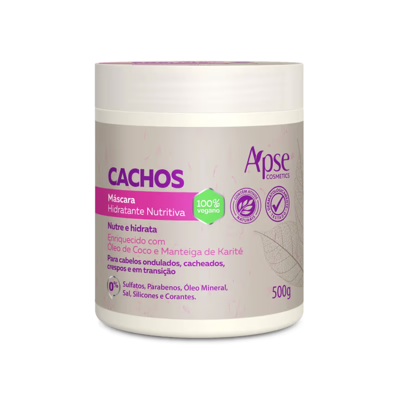Máscara hidratante nutritiva para cabelos da marca Apise Cosmetics. A embalagem é um pote branco com detalhes em roxo, contendo 500g do produto. O rótulo indica que o produto é 100% vegano, sem sulfatos, parabenos, óleo mineral, sal, silicones e corantes.