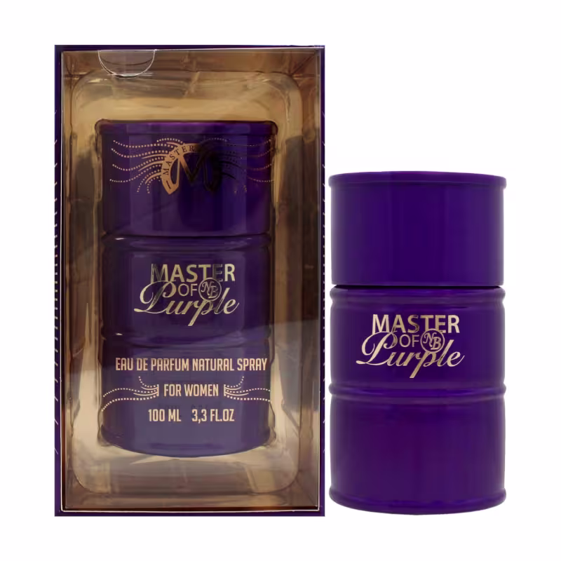 Perfume feminino Master of Purple em embalagem composta por um frasco cilíndrico roxo e uma caixa retangular transparente. O frasco tem 100 ml e apresenta o nome do produto "Master of Purple" em letras douradas.