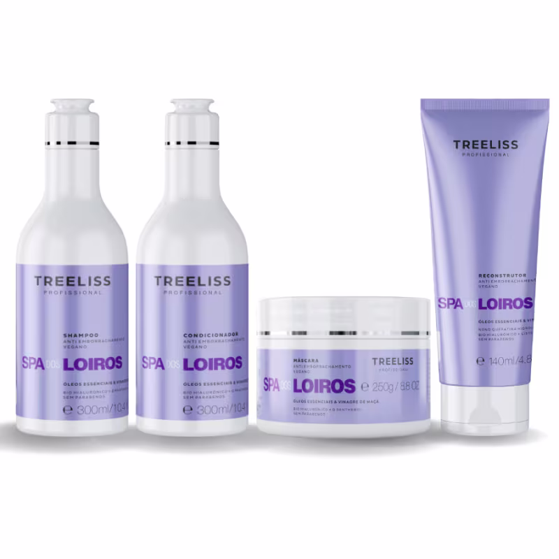 Produtos TreeLiss Profissional da linha Spa Loiros. Inclui dois frascos de shampoo e condicionador veganos de 300ml cada, na cor roxa clara. Uma máscara de tratamento em pote branco de 250g. Um reconstrutor capilar em tubo roxo de 140ml.