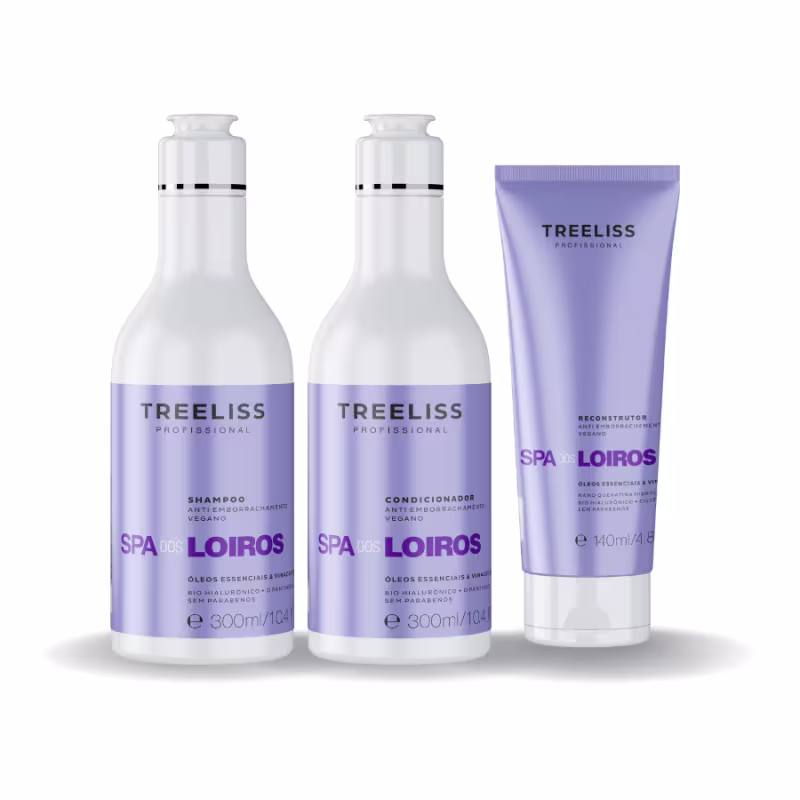 Produtos de cuidados capilares TreeLiss Profissional da linha Spa dos Loiros. Dois frascos de 300ml contendo shampoo e condicionador para cabelos loiros. Um tubo plástico lilás de 140ml com reconstrutor anti-ressecamento.
