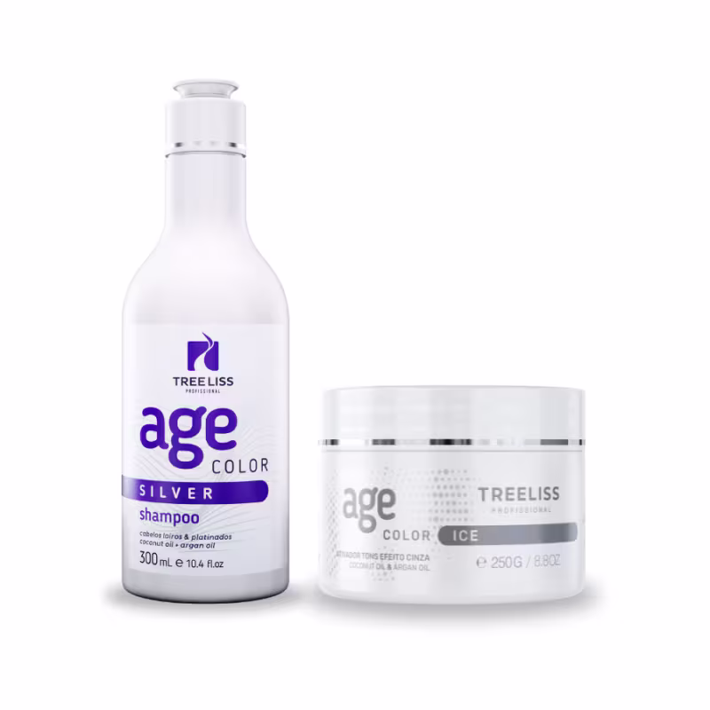 Produtos da linha Age Color da TreeLiss Profissional. Um shampoo de 300ml em frasco plástico transparente com rótulo roxo e texto "Age Color Silver". Um tratamento de 250g em pote plástico branco com rótulo cinza e texto "Age Color Ice".