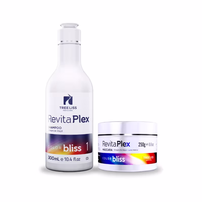 Linha de cuidados capilares da marca TreeLiss Profissional. Consiste em um shampoo RevitaPlex Color Bliss 1 em um frasco plástico transparente de 300ml e uma máscara capilar RevitaPlex Color Bliss em um pote plástico branco de 250g.