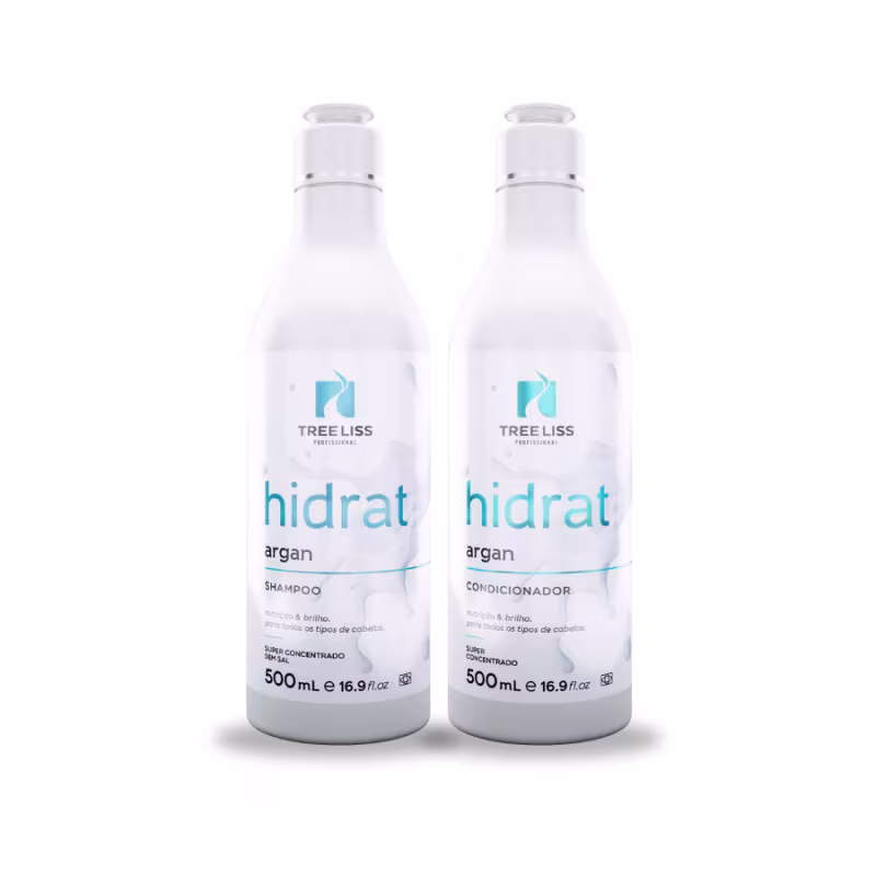 Dois frascos de 500ml cada, contendo shampoo e condicionador da linha Hidrat Argan da marca TreeLiss Profissional. Os frascos têm formato cilíndrico e tampas brancas. O rótulo frontal apresenta o logotipo da marca em azul, o nome do produto "hidrat argan"