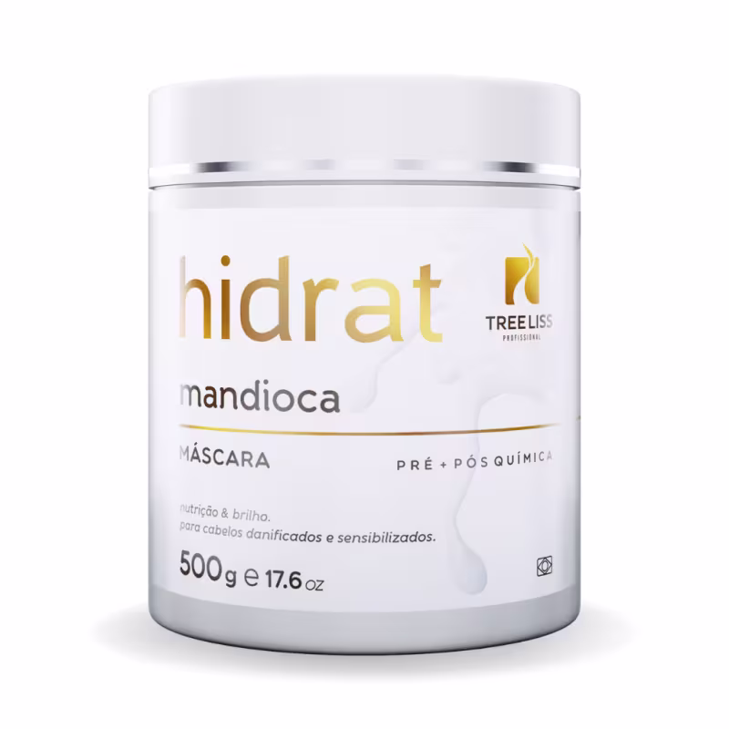 Produto de tratamento capilar da linha TreeLiss Profissional, máscara mandioca pré e pós-química. Embalagem plástica branca opaca com tampa prateada. Rótulo com o nome do produto "hidrat" em letras douradas e marrons, seguido do logotipo TreeLiss.