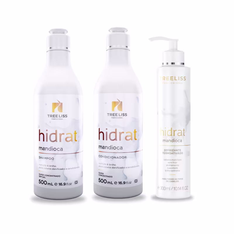 Produtos de cuidado capilar TreeLiss Profissional da linha Hidrat Mandioca. Dois frascos plásticos brancos de 500ml cada, um contendo shampoo e o outro condicionador. Um frasco branco de 300ml contendo um defrizante ativador.