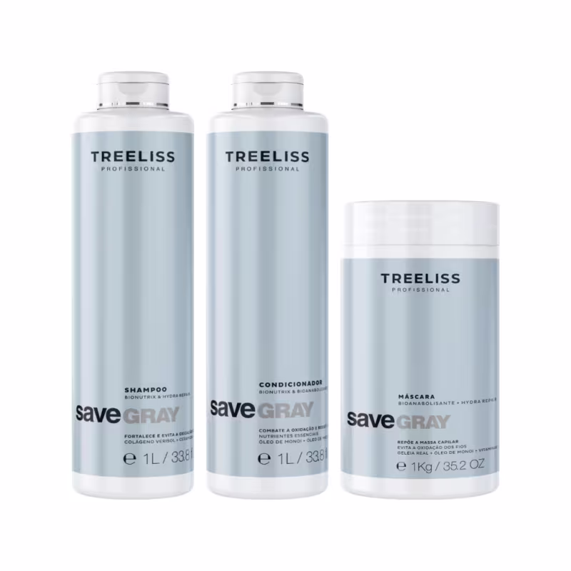 A imagem mostra três produtos da linha Save Gray da marca TreeLiss Profissional. São dois frascos grandes de 1 litro cada, um de shampoo e outro de condicionador. Há também um pote de máscara capilar de 1kg na mesma tonalidade azul clara.