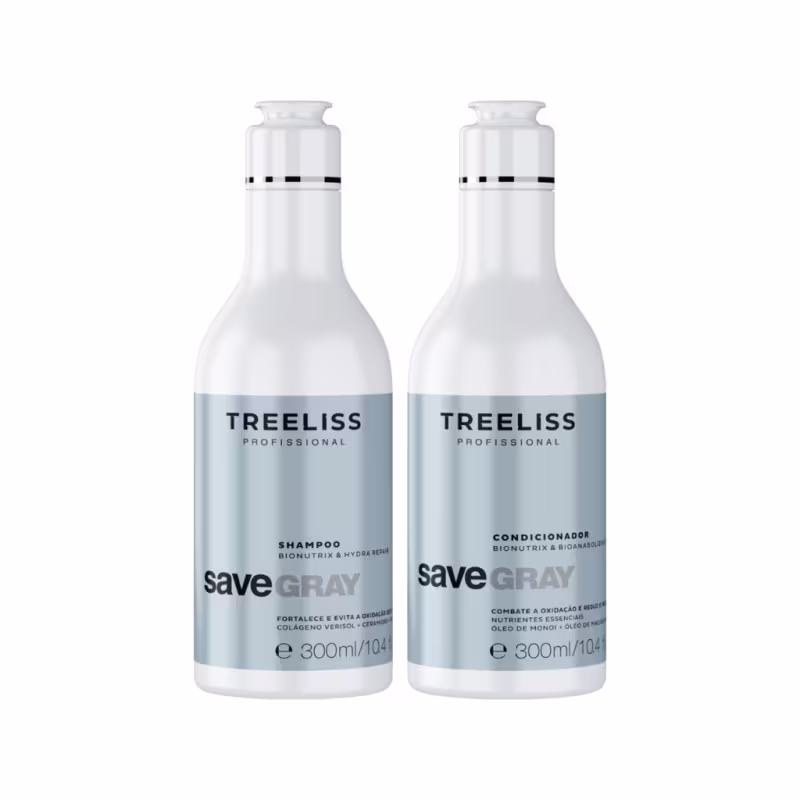 Dois frascos de plástico contendo produtos para cabelos grisalhos da linha TreeLiss Profissional. Um frasco é rotulado como "Shampoo Bionutrix & Hidratação Save Gray" e o outro como "Condicionador Bionutrix & Hidratação Save Gray".