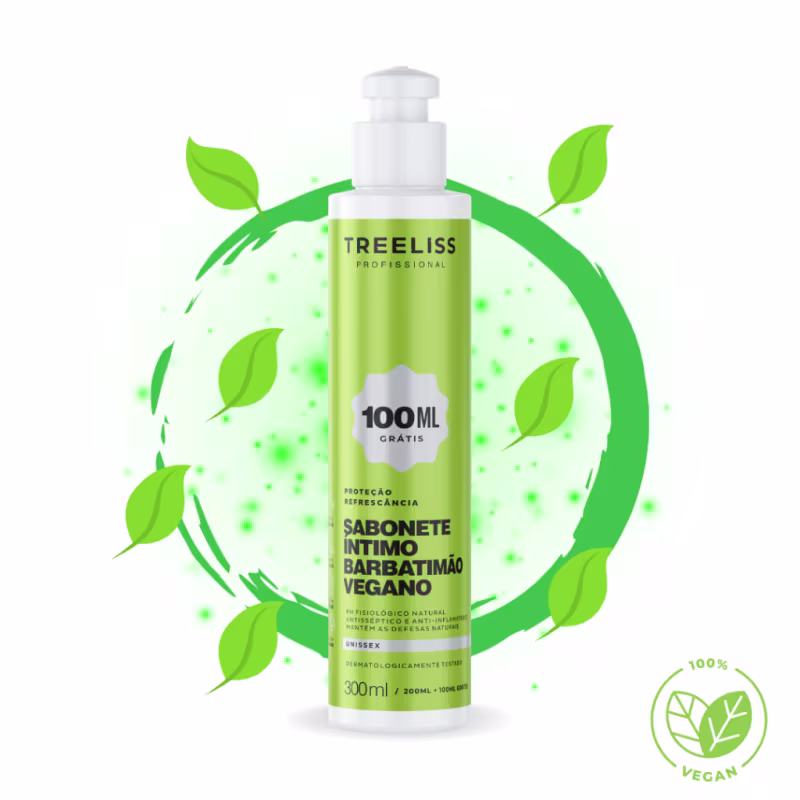 Produto íntimo vegano da marca TreeLiss Profissional. Embalagem plástica com bomba dosadora branca. Rótulo verde com detalhes em branco, indicando "Sabonete Íntimo Barbatimão Vegano" e informações como "100ml grátis".
