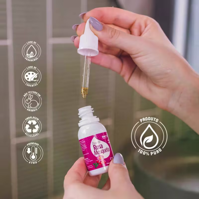 Óleo Multifuncional facial e corporal de Rosa Mosqueta, da marca BellaPhytus.