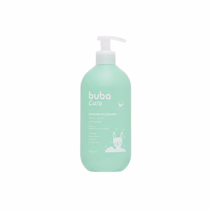 Sabonete líquido Buba Care em embalagem plástica verde clara de 400ml. Rótulo frontal com o logotipo e nome da marca "Buba Care" em letras brancas, além de informações como "Sabonete Líquido cabelos e peles" e ilustração de um coelho.