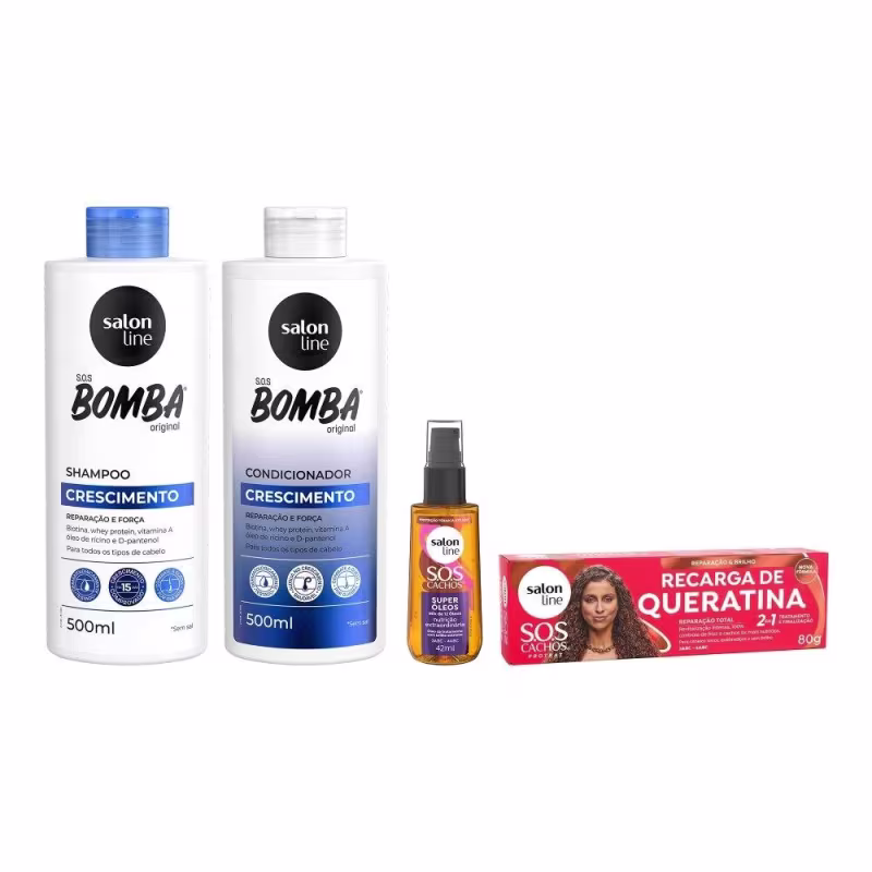 Kit Shampoo e Condicionador SOS Bomba Crescimento + Óleo SOS Cachos + Recarga de Queratina SOS Cachos