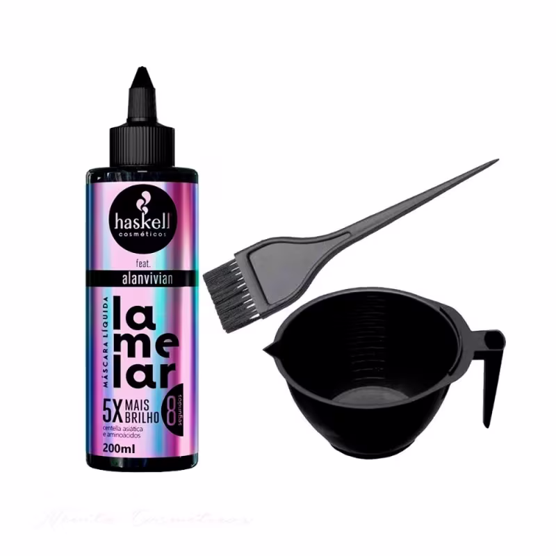 Kit Haskell Lamelar feat. Alan Vivian + Cumbuca + Pincel, 3 produtos.