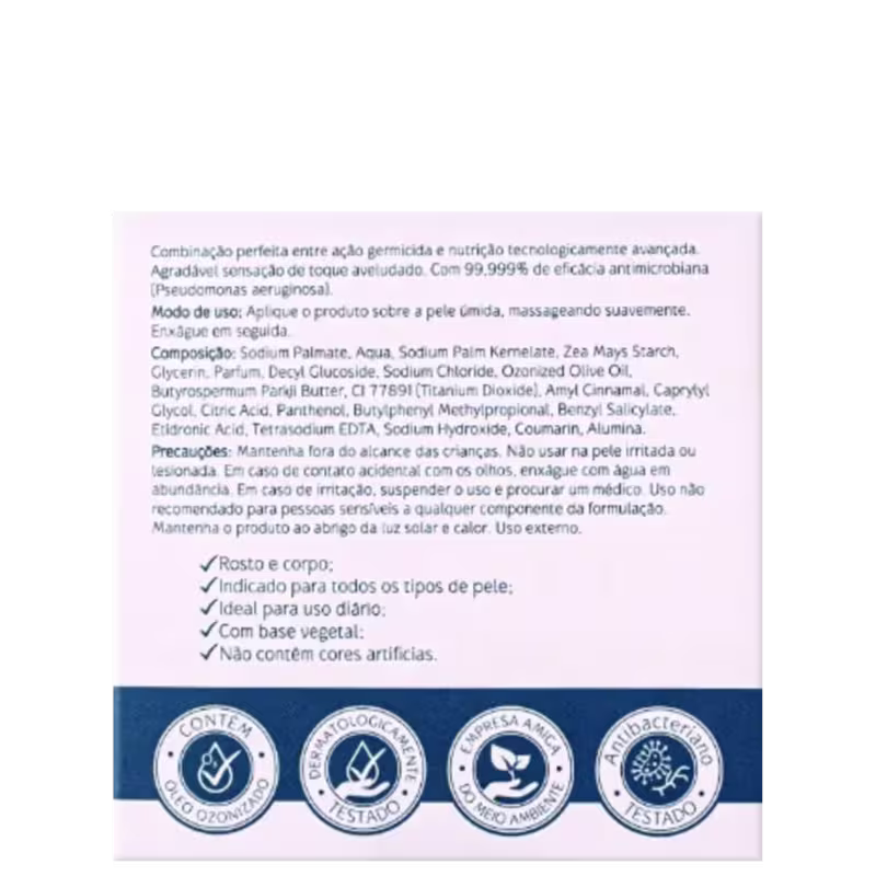 A imagem mostra o verso da embalagem com informações detalhadas sobre a composição, que inclui ingredientes, modos de uso e selos do produto.