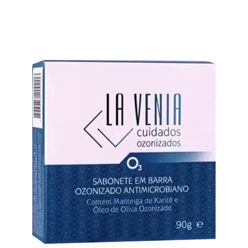 Sabonete em barra ozonizado antimicrobiano da marca La Venia Cuidados Ozonizados. Embalagem retangular branca com detalhes em azul. Contém manteiga de karité e óleo de oliva ozonizado. Peso de 90g.