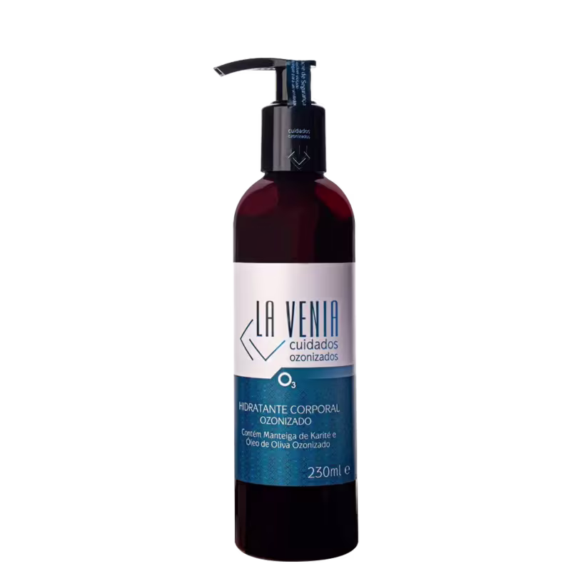 Hidratante corporal ozonizado La Venia Cuidados Ozonizados. Frasco plástico de 230ml. Tampa com bomba dosadora preta. Rótulo com texto "Hidratante Corporal Ozonizado" e "Contém Manteiga de Karité e Óleo de Oliva Ozonizado".
