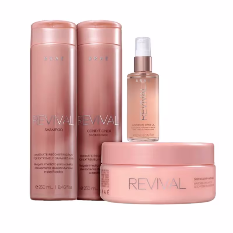 Kit Braé Revival - Shampoo 250ml + Condicionador 250ml + Máscara 200g + Óleo Gorgeous Shine 60ml
