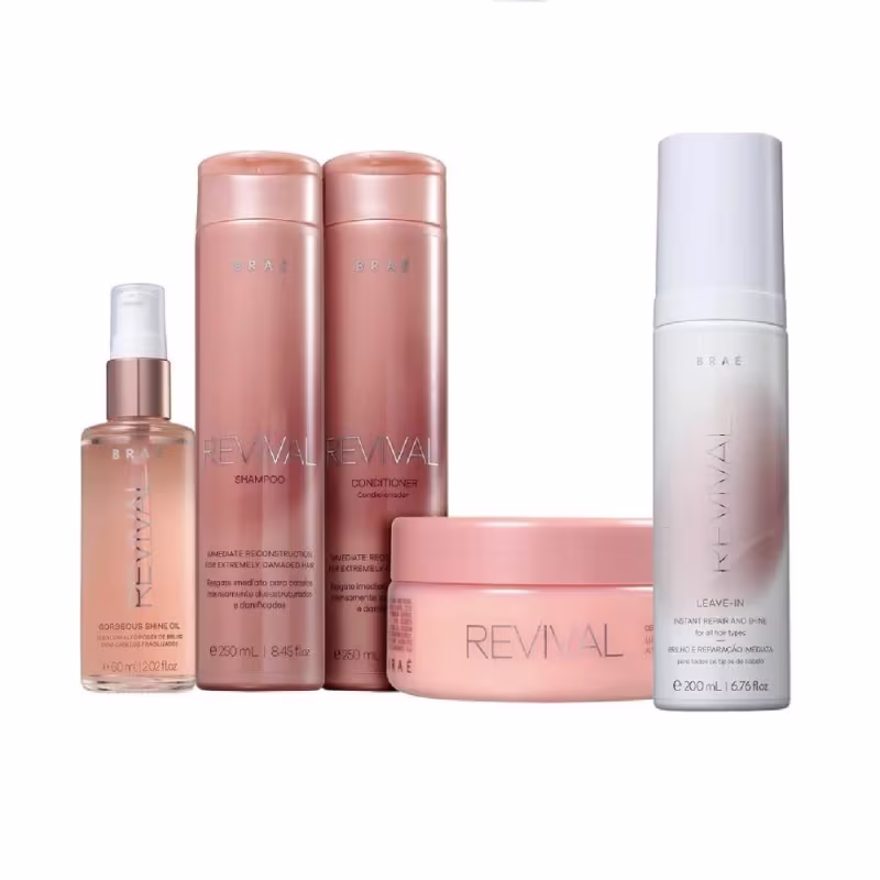 Kit Braé Revival - Shampoo 250ml + Condicionador 250ml + Máscara 200g + Leave-In Revival 200ml + Óleo Gorgeous 60ml
