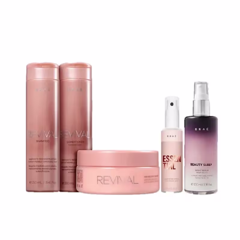 Kit Braé Revival - Shampoo 250ml + Condicionnador 250ml + Máscara 200g + Beauty Sleep 100ml + Essential 60ml