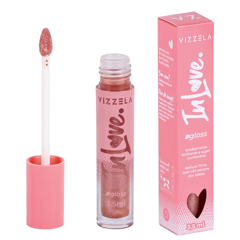 Gloss labial In Love da marca Vizzela, da cor Docinho. Imagem com a caixa do produto.